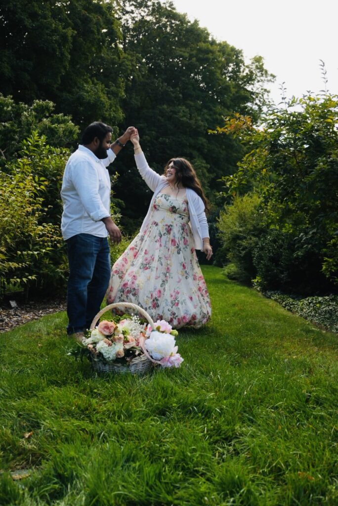 A photo of Chantel and Vajra at the Arnold Arboretum on their engagement day.
